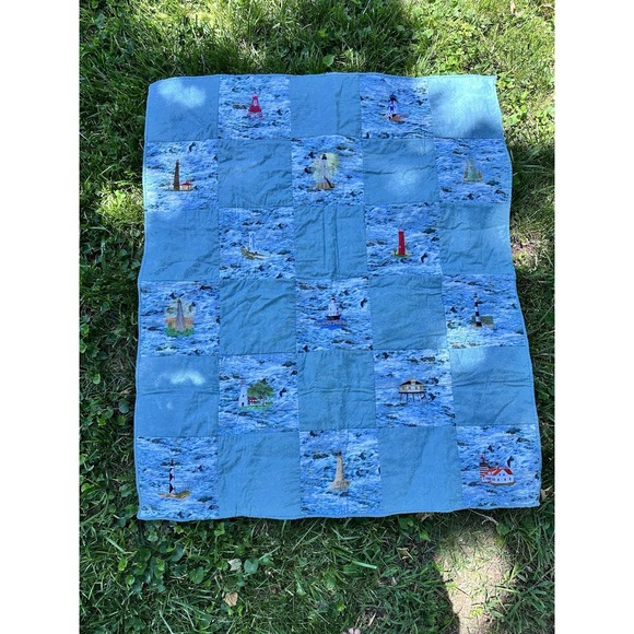Handmade Nautical Blue Quilt With‎ Intricate Lighthouse Embroidery 45 X 53 - Picture 1 of 9